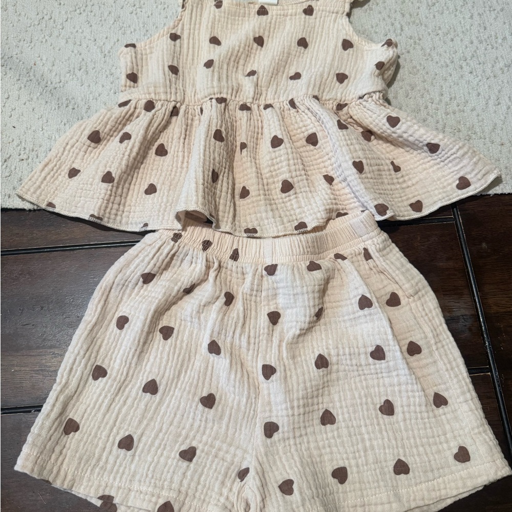 Kids Heart Print Cream and Brown Set
